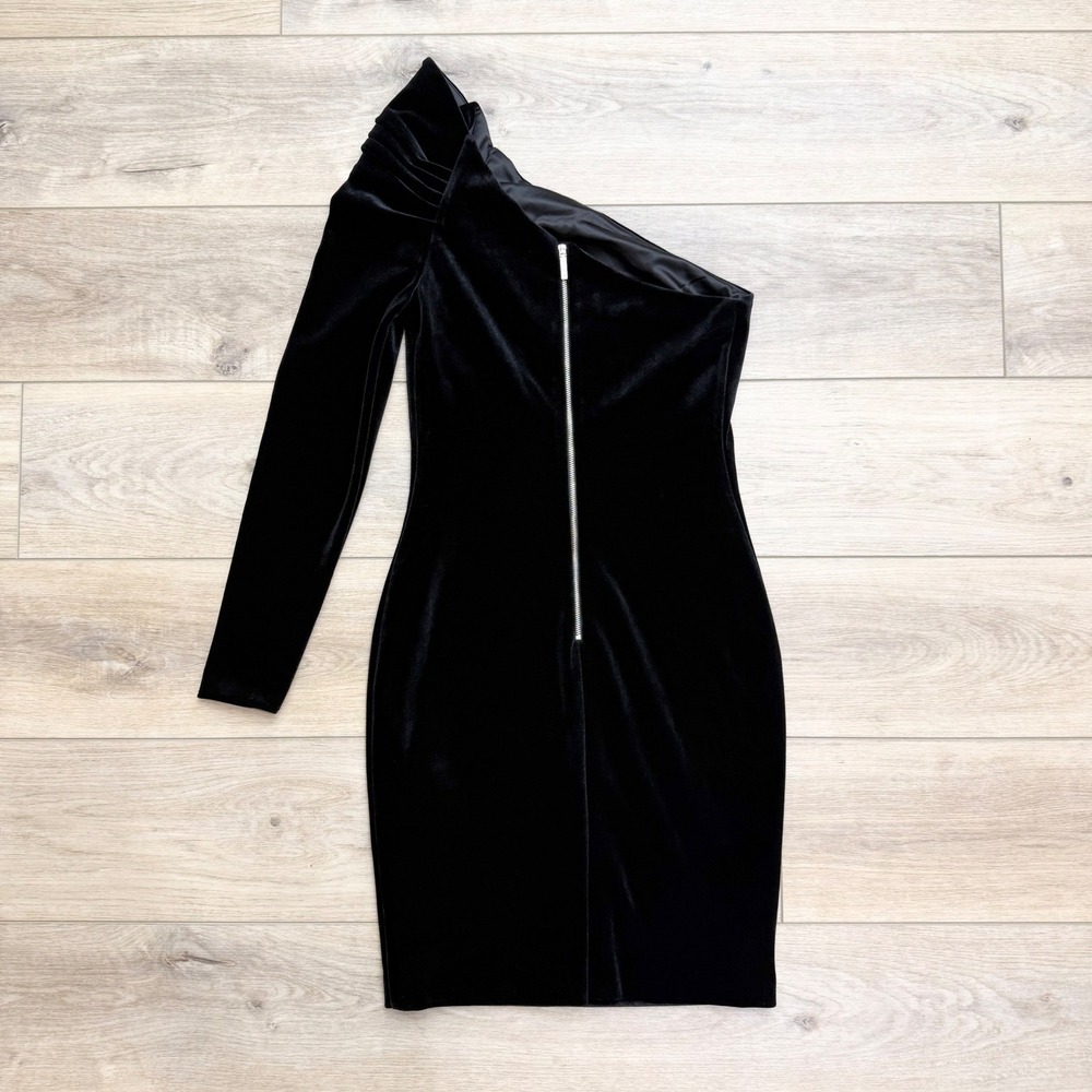 Ted Baker Black Velvet One Shoulder Sleeve Modern Minimalist Cocktail Dress Sz 1 - Picture 4 of 12